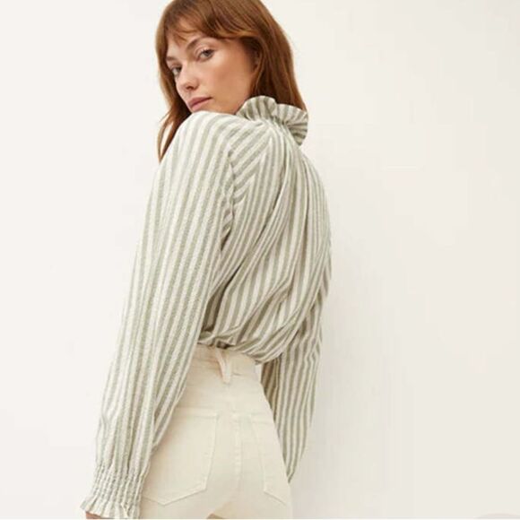 Veronica Beard NWT Calisto Green & Cream Striped Ruffle Collar Shirt $298 - Picture 7 of 12